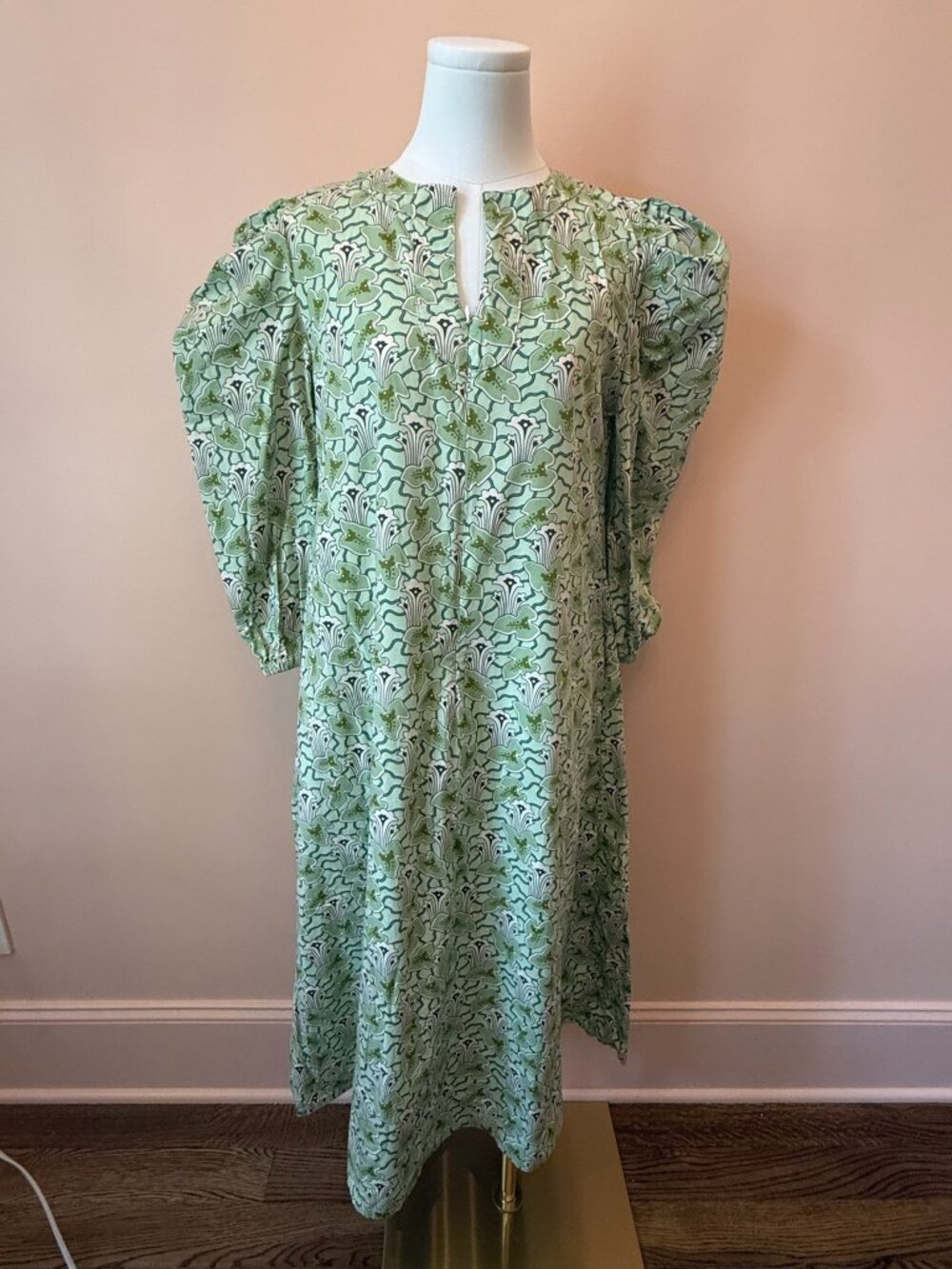 BURU Green Floral Puff Sleeve Cotton Midi Dress – Size Small